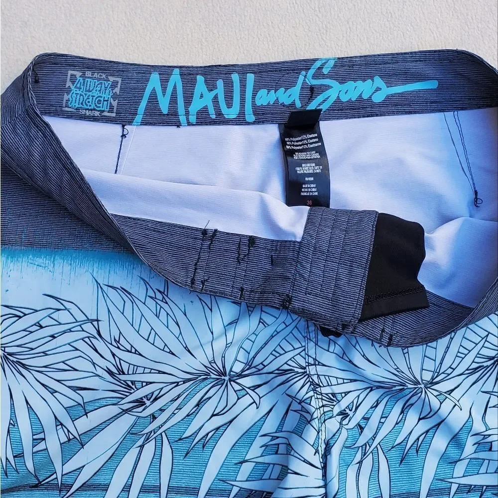 Maui and Sons blue gray and black board shorts
